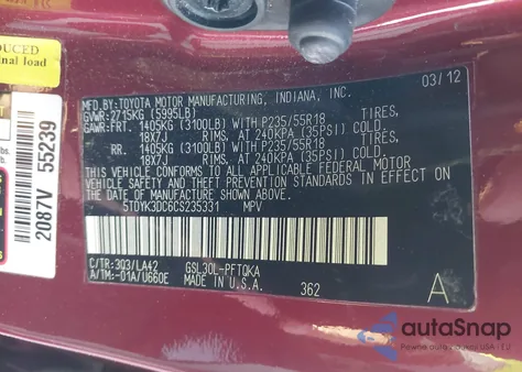 2012 Toyota Sienna Limited V6 7 Passenger z USA, uszkodzony, nr VIN 5TDYK3DC6CS235331